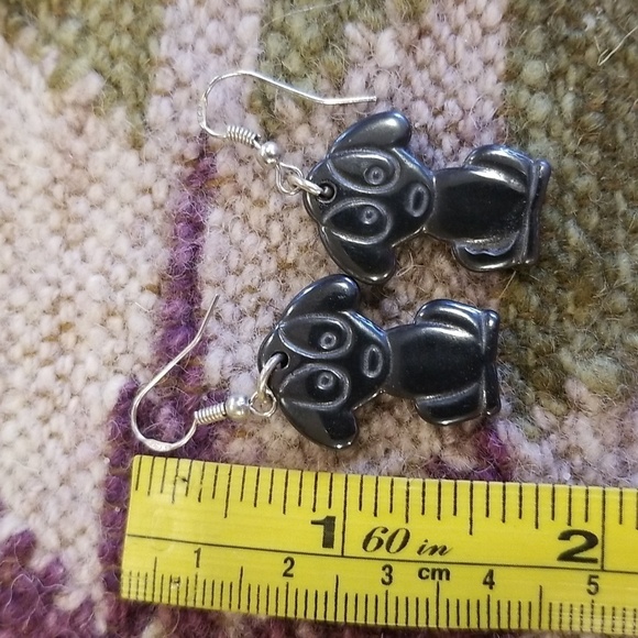 Obsidian Stone Dog Puppy Dangle Earrings - Picture 4 of 4